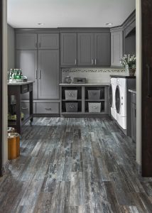Grey and Brown Rustic Wood Flooring in Michigan Home Laundry Room