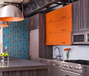 Orange Cabinetry in KSI's Kitchen Design Showroom in Michigan
